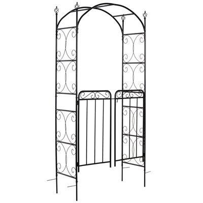 Outsunny 84" Garden Arch Arbor with Gate, Metal Arch Trellis, Garden Archway for Climbing Vines, Wedding Ceremony Decoration, Flourishes & Arrow Tips, Black