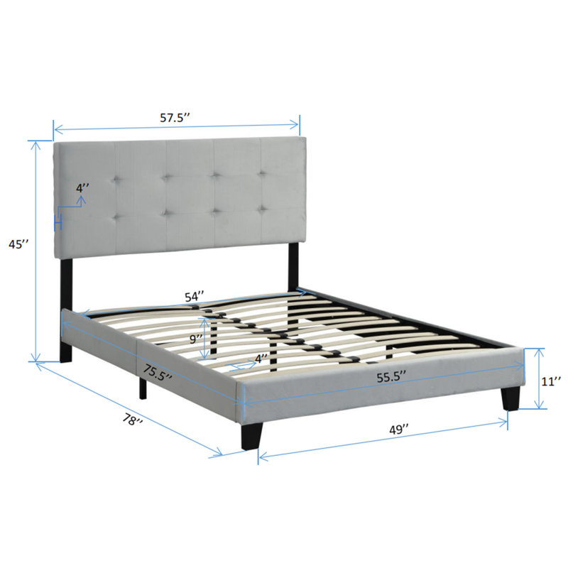 Upholstered Platform Bed Frame with Button Tufted Linen Fabric Headboard, No Box Spring Needed, Wood, Full/Double