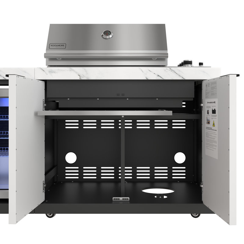 Ensemble de cuisine d'extérieur de 83 po avec comptoirs et côtés en pierre blanche, gril à 4 brûleurs, évier et robinet en acier inoxydable (km-OKS-3585)