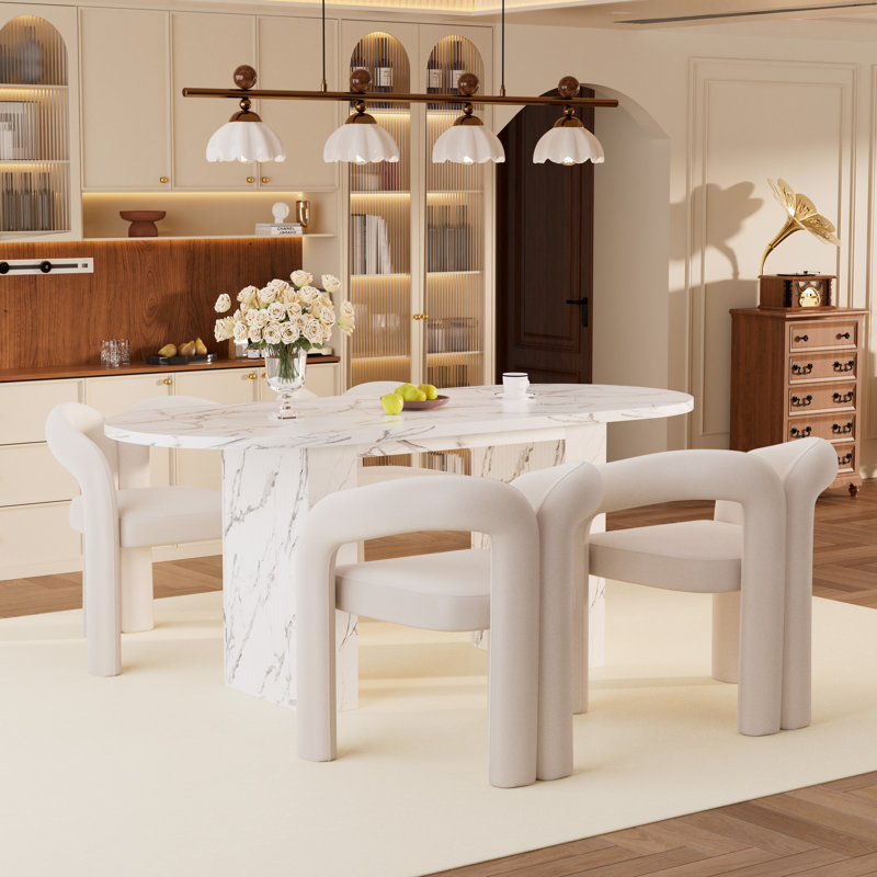 Ensemble de table de salle à manger 62,9 pouces, Blanc, 5 pièces: table, 4 chaises, Beige