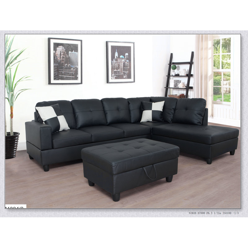 Ensemble de canapé modulaire, canapé en similicuir avec repose-pieds avec rangement gratuit, Similicuir noir