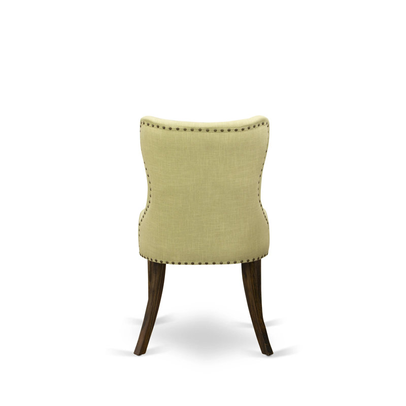 L'ensemble de table de salle à manger 6 pièces contient une table de cuisine rectangulaire avec pieds en X et 4 chaises rembourrées en tissu de lin Limelight avec un banc, patiné