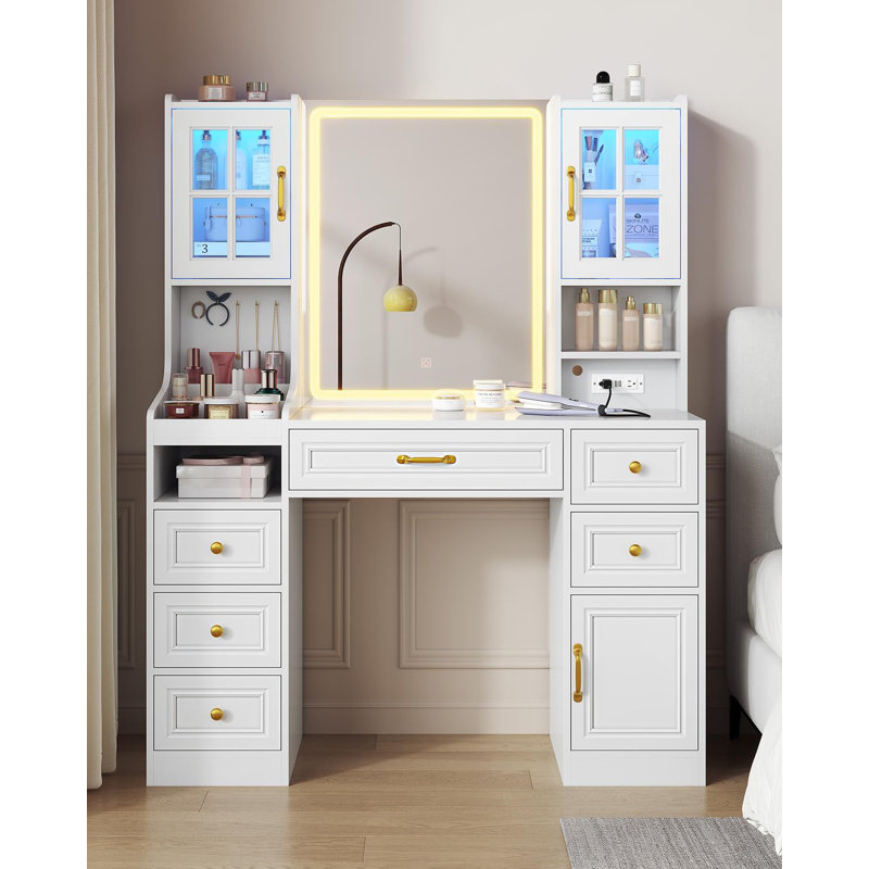 6 Drawers Makeup Vanity Desk with Touch Screen Mirror and Lights & Charging Station, RGB Light Cabinets and 5 Jewelry Hooks