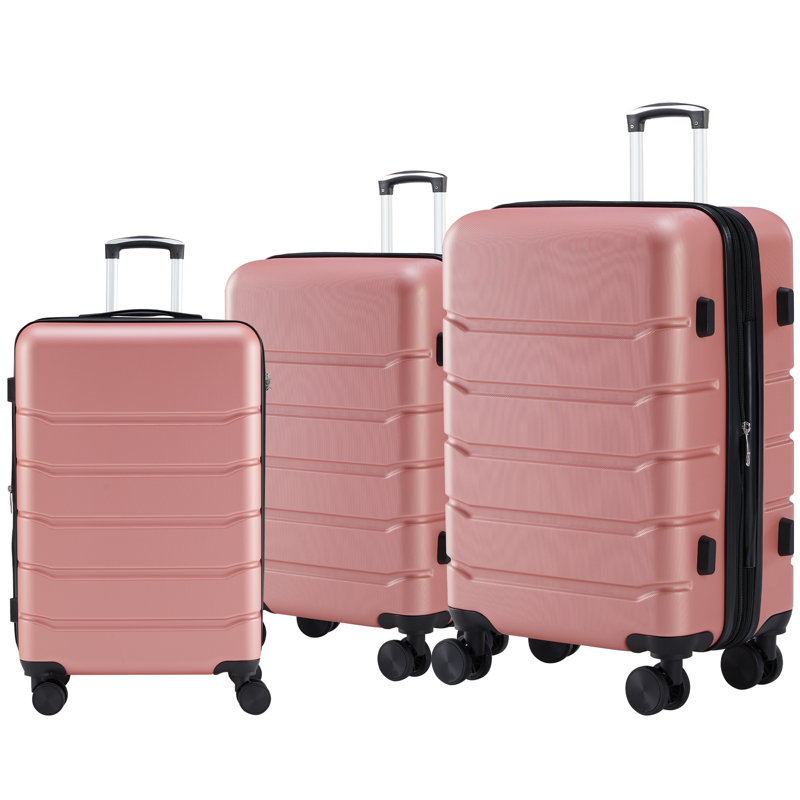 Valise légère en ABS, valise avec verrou TSA et roues pivotantes, 20+24+28IN, Rose
