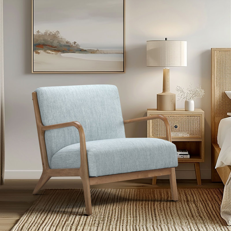 Novak Upholstered Mid-Century Armchair with Wood Arms and Frame, Light Blue Chenille, Natural