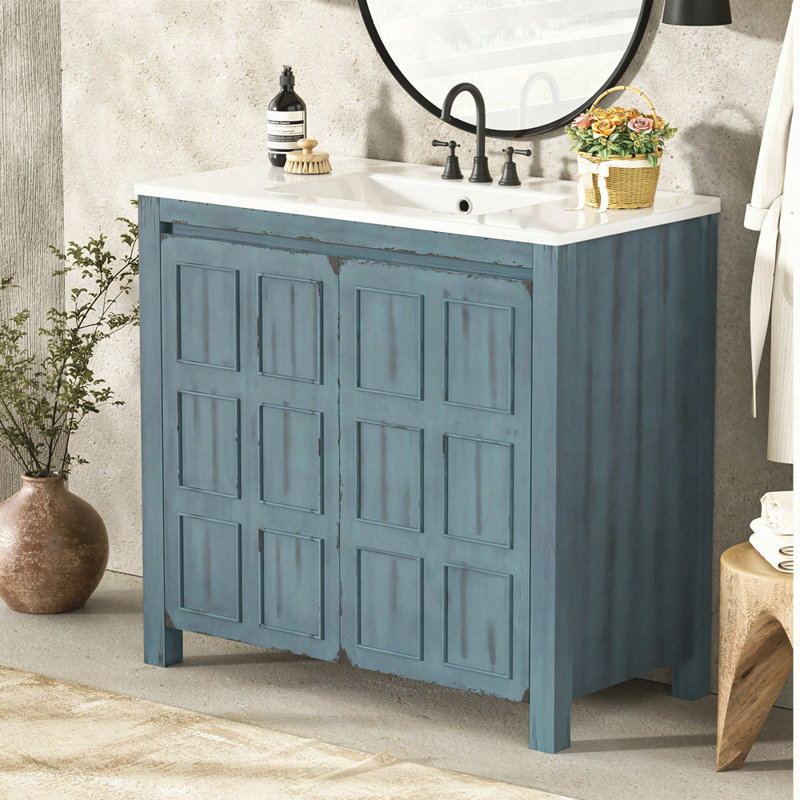 Ensemble de meuble-lavabo 36 po avec lavabo en céramique et armoire de rangement - Organisateur peu encombrant, Bleu rétro
