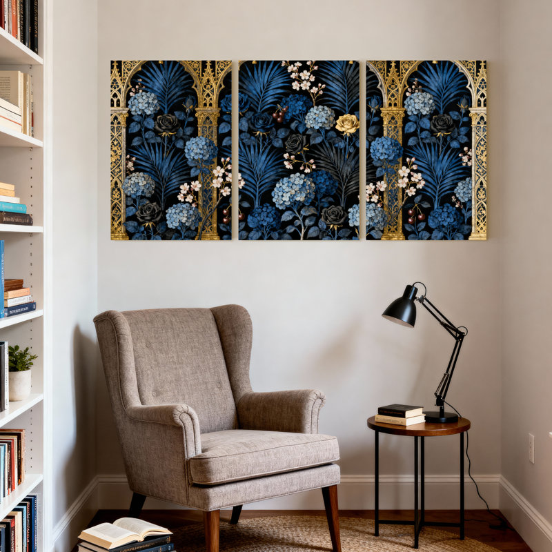 Plantes et fleurs, ensemble de 3 impressions sur toile à motif de voûte dorée florale bleue, H 30 po x l 20 po