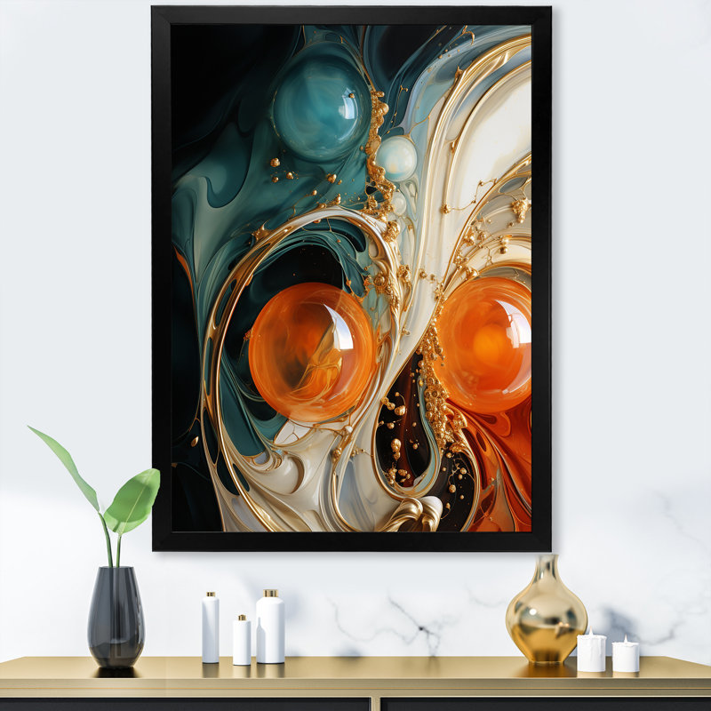 Orange encre tempête IV - art mural abstrait, H 44 po x l 34 po x P 1,5 po, Cadre simple noir