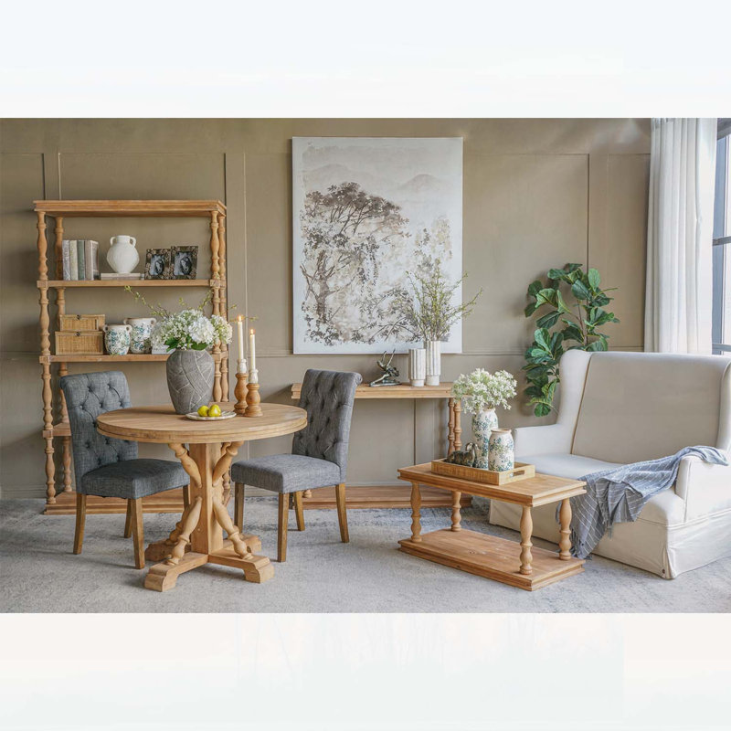 Étagère haute à 5 niveaux en bois naturel avec montants en fuseaux sculptés, idéale pour une décoration rustique et de style campagne française