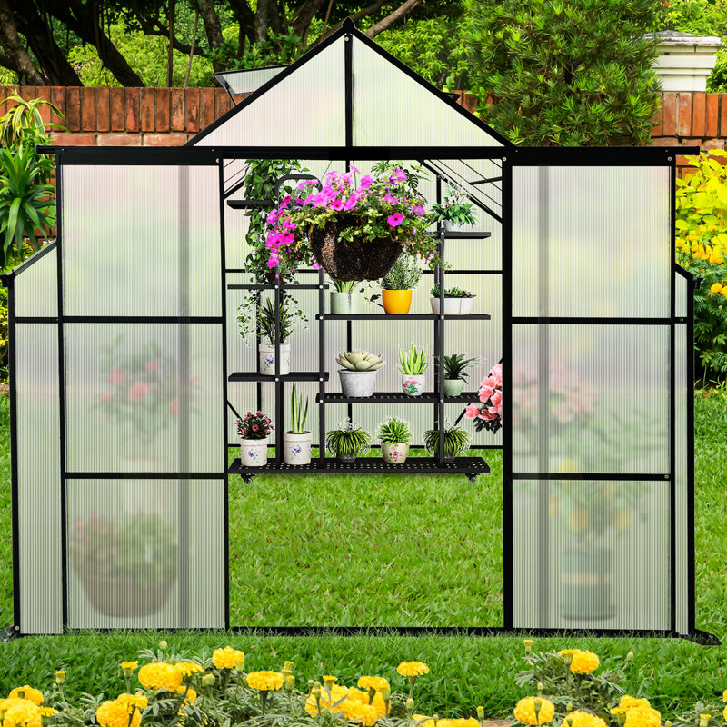 Serre noire de 8 pi x 10 pi avec circulation d'air efficace en panneau de polycarbonate, H 7,5 pi x l 8 pi x P 10,2 pi