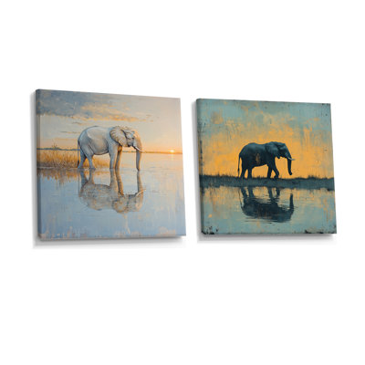 Elephant At The Waters Edge Of Africa I - Elephant Animal Wall Decor - Modern Wall Art 2 Piece