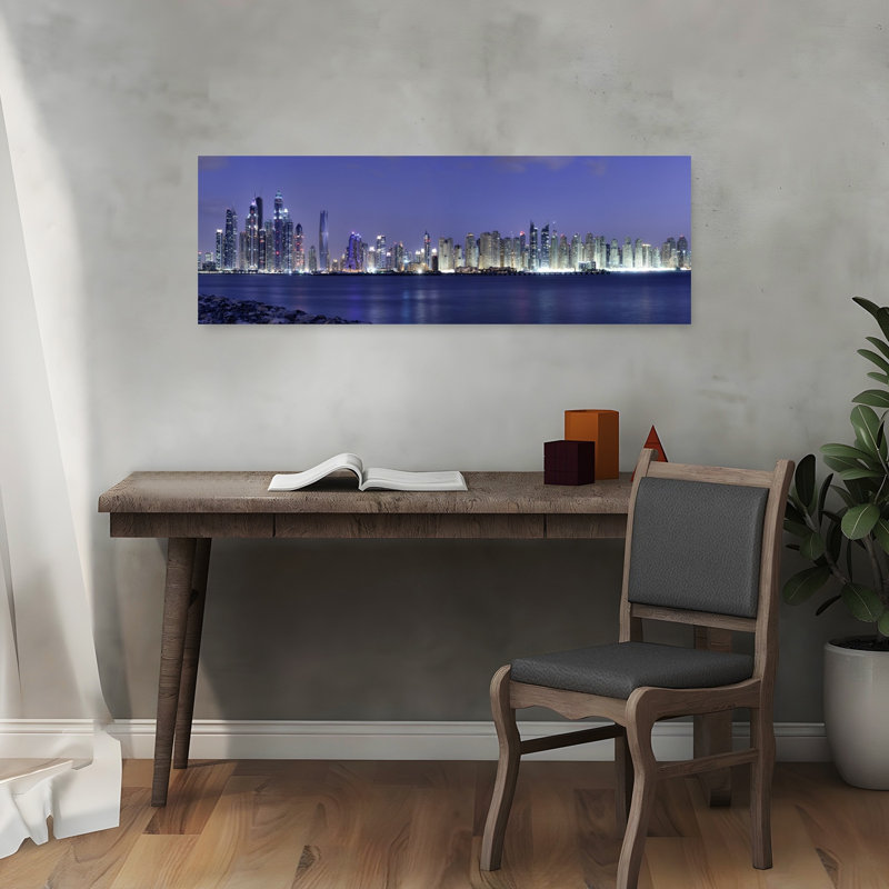 «Illuminated City Skyline Modern Abstract Architecture City», art mural, H 12 po x l 36 po