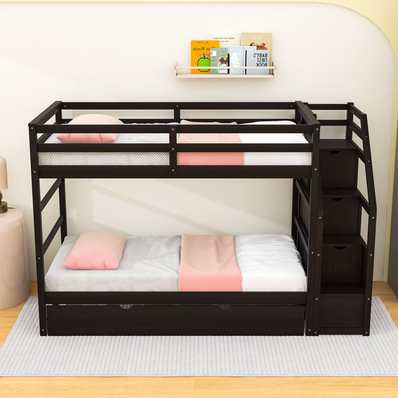 Twin Over Twin Wood Bunk Bed With Twin Trundle, Storage Staircase And Guardrails, Espresso