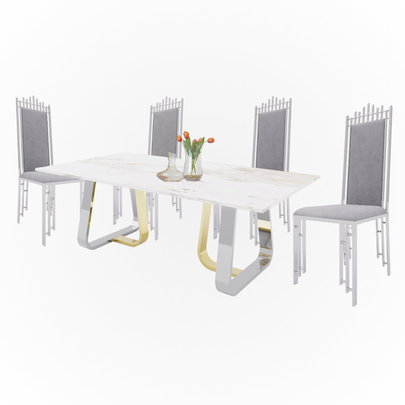 Ensemble de table de salle à manger 80 pouces pour 6 personnes avec base en acier inoxydable et chaises en chrome 47 po Everly Quinn Inc