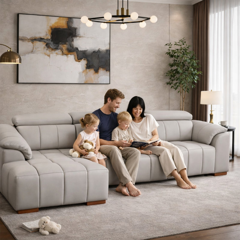Canapé inclinable en L avec méridienne, canapé modulaire en cuir véritable moderne, canapé-lit à commande électrique avec appui-tête et repose-pieds