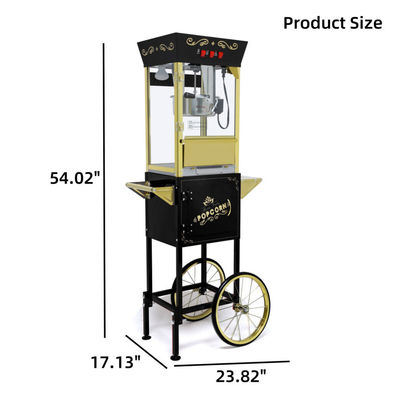 12 oz. Chariot à maïs soufflé avec roulettes, bouilloire en acier inoxydable, Noir