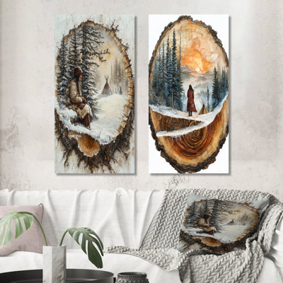 Femme amérindienne dans un paysage de glissade en bois d'hiver II - Collection d'art mural mode 2 pièces