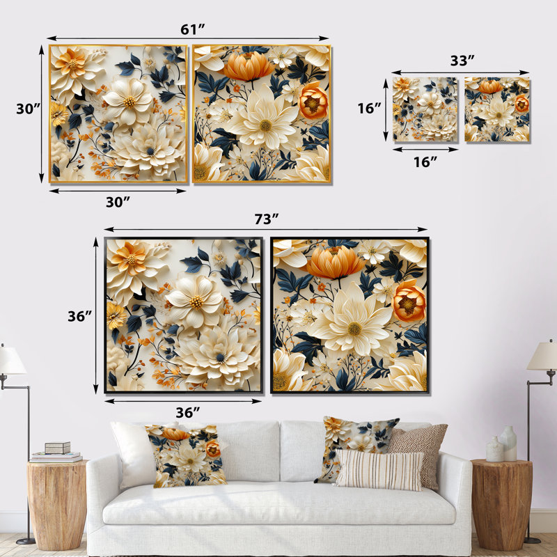 Lilian - Ensemble de 2 décorations murales florales, Encadrement brun, H 30 po x l 61 po x P 1 po