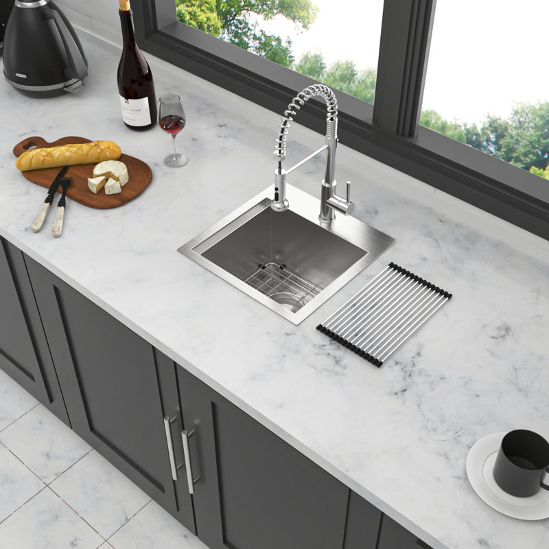 15 Inch X Drop - In Kitchen Sink, Stainless Steel 18 Gauge, Brushed Nickel, Easy To Clean, Single Basin Switchable Modes, X Shape, Water Drainage, Rollup Rack, Template Workstation T304 Steel,