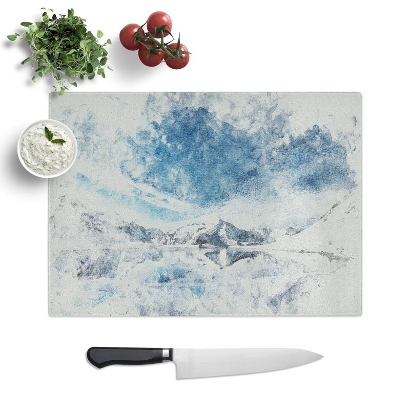 Tempered Glass Winter Mountain Reflection Watercolour Chopping Board, 20 cm x 28.5 cm