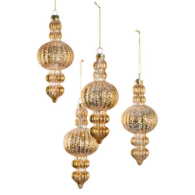  Gold Finial Christmas Ornaments, Vintage-Inspired Ribbed Holiday Decorations, Lightweight Ornaments For Christmas Tree, Wreaths & Garlands, 2.5" Wide & 6" Tall, Pack Of 4