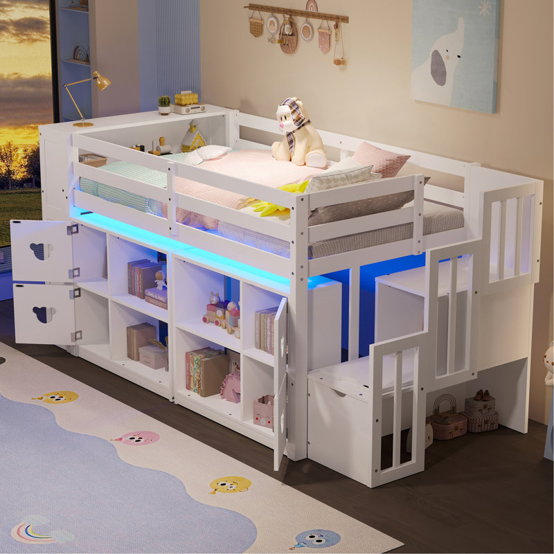 LIT LIT DOUBLE DE TAILLE DOUBLE AVEC TABLETTES, TÊTE DE RANGEMENT ET Escalier, Blanc