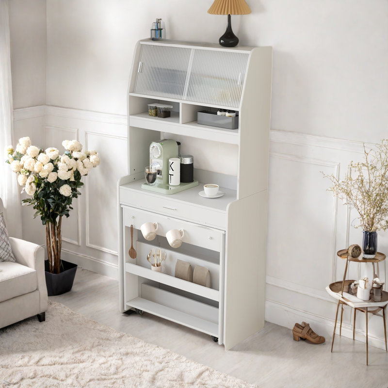 Buffet With Hutch And Foldable Dining Table, Storage Shelves, Side Hooks And A Cabinet With Sliding Doors
