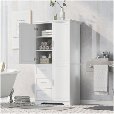 Tall and Wide Storage Cabinet with Doors for Bathroom/Office, Three Drawers, White