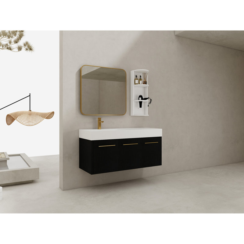 Armoire de salle de bain combinée avec meuble-lavabo de 48 pouces, lavabo en résine épaisse, support de rangement séparé et armoire principale en châtaignier noir, finition grattée, givré
