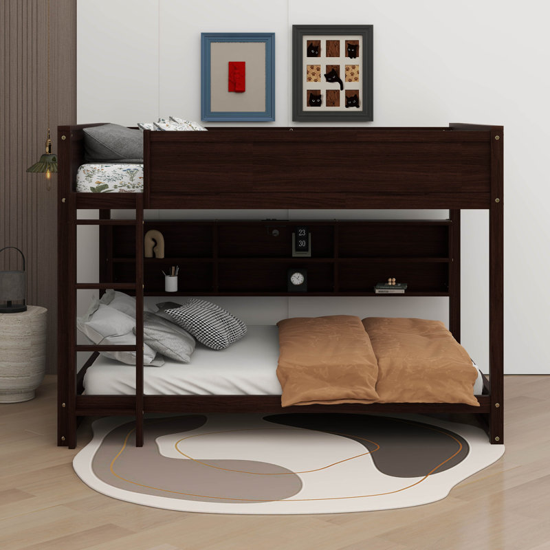 Lit superposé grand sur grand avec armoires de rangement et ports de chargement USB, Marron