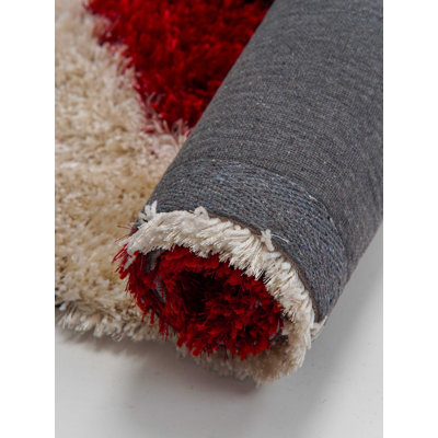 Abrielle Hand Tufted Shag Polyester Eco-Friendly Area Rugs - Round, Ivory Red Color, Geometric Modern Design, High Pile Thick Handmade Anti Skid Area Rugs for Living Room, Bed Room