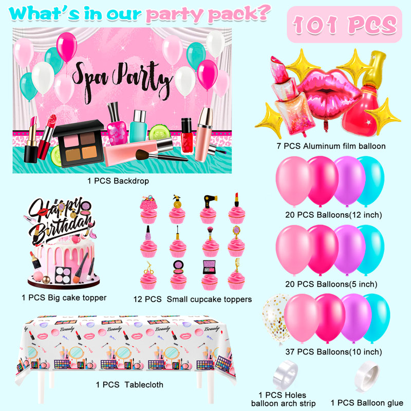 Décorations de fête d'anniversaire de maquillage, 101 pièces décorations de fête d'anniversaire spa