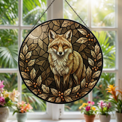 12"H Fox Leaves Stained Glass Window Panel