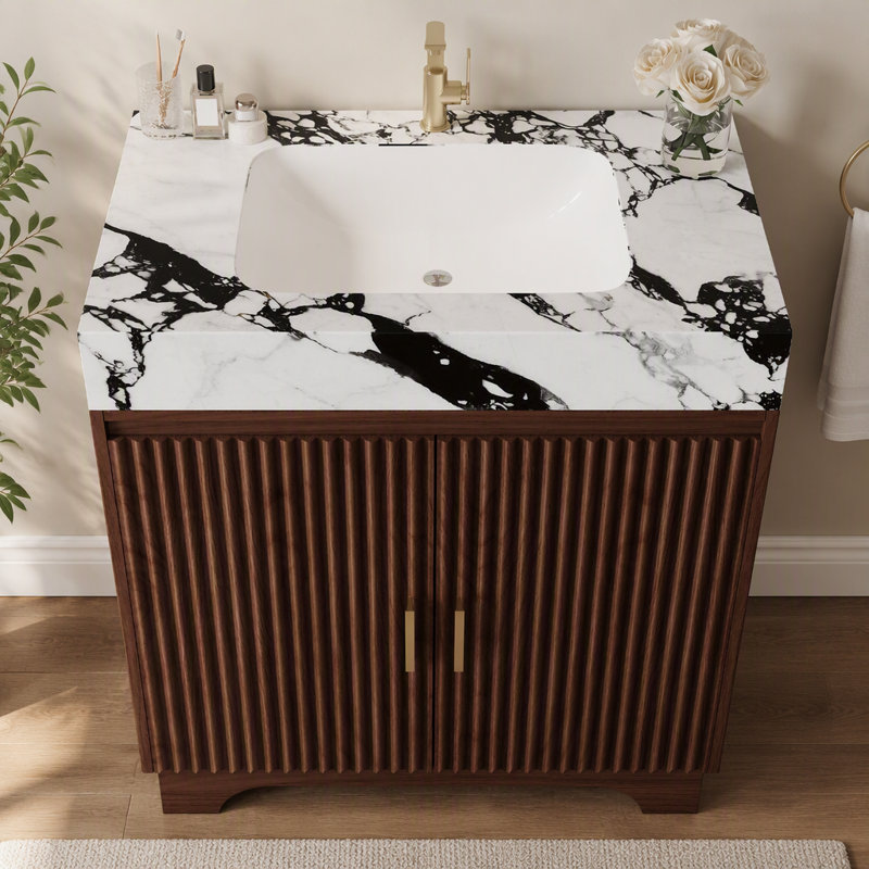 Meuble-lavabo de comptoir en pierre aggloméré 30 po avec lavabo en céramique, Black