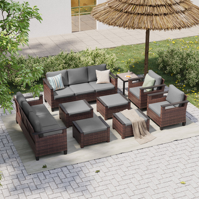 Ensemble de conversation pour patio 9 pièces, canapé en rotin PE toutes saisons, Gris