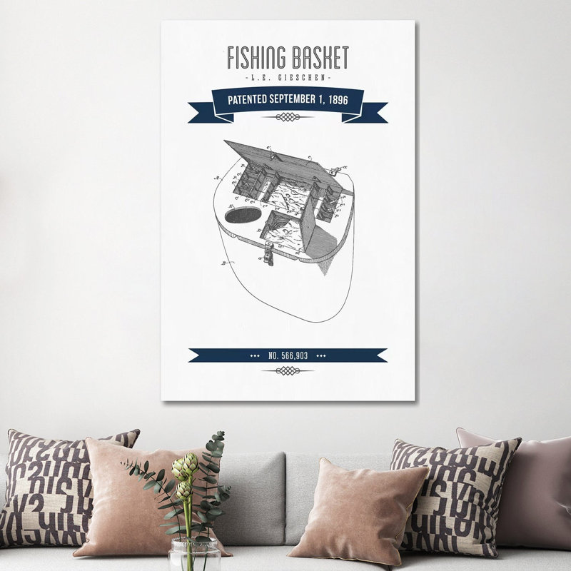 L.E. Gieshen Fishing Basket Patent Sketch Retro (Navy Blue) by Aged Pixel - Wrapped Canvas Print, 152.5 cm H x 101.5 cm W