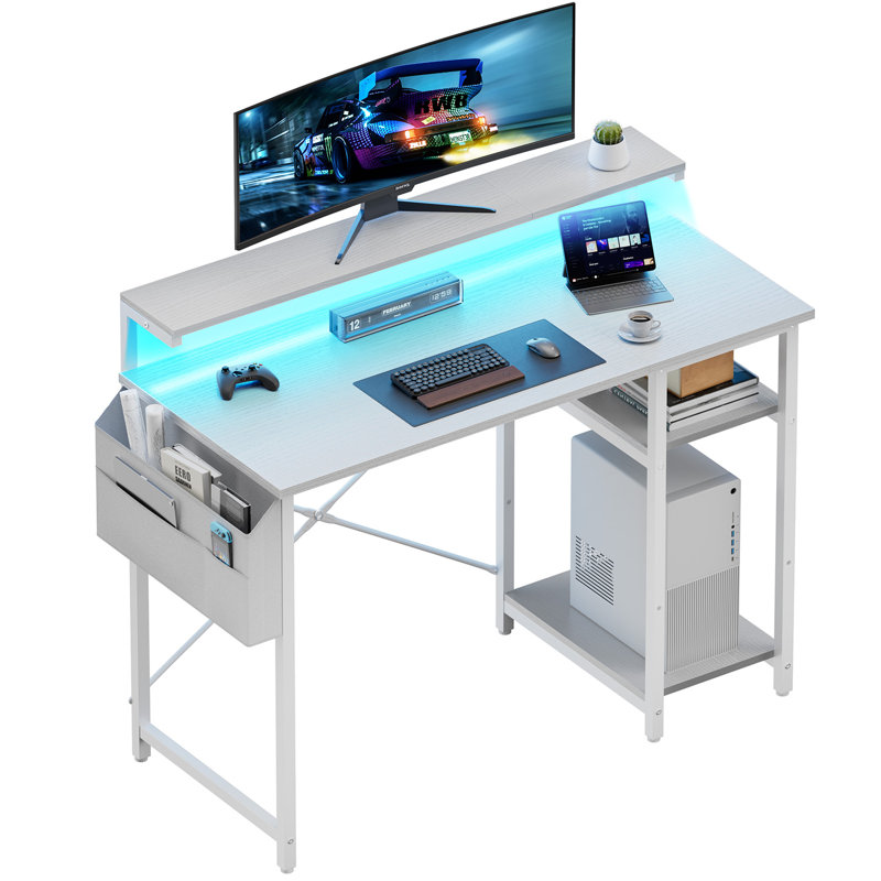 Office Computer Desk with LED Light,Office Table with Monitor Stand for Home/Office Use, Corner Desk with Large Storage Bag and Height Adjustable Storage Shelf, Remote Worker