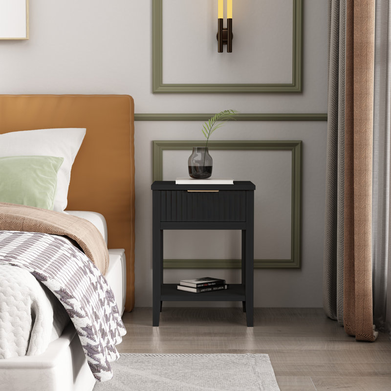 Abriela 40cm W Solid + Manufactured Wood Bedside Table, Black