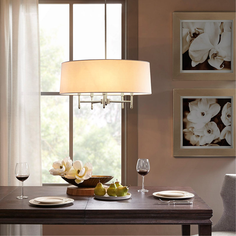 5-Light White Drum Shade Chandelier, Silver