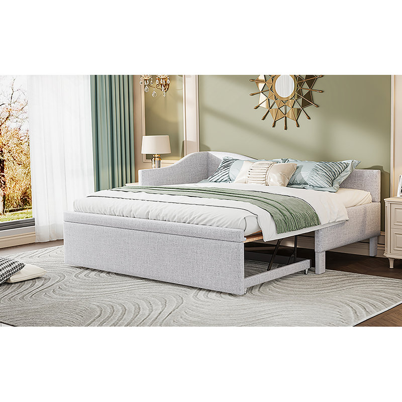 Twin Size Upholstered L-Shaped Upholstered Daybed With Pop Up Trundle, Beige, Beige