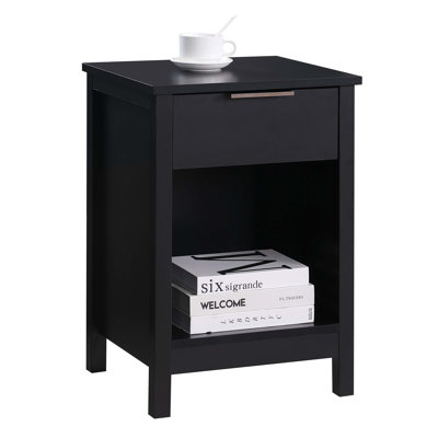 Nightstand with Drawer,3-Tier End Side Table with Storage Drawer and Shelf,Modern Bedside Night Stand for Bedroom, Living Room-Retro Black