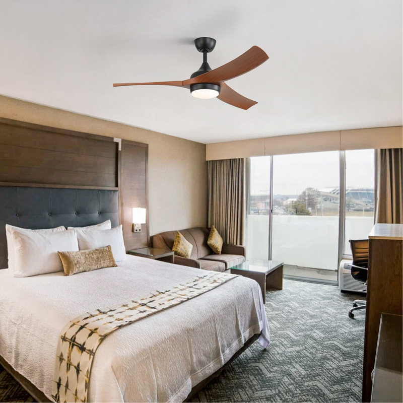 52 Inch Black Ceiling Fan With 3 Dark Wood Grain ABS Blades Remote Control Reversible Motor Dimmable Light And 1H/4H/8H Timer