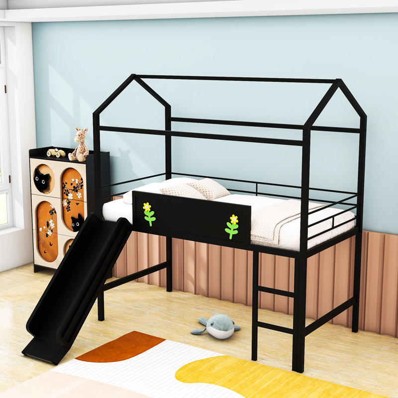 Twin Size Metal Loft Bed With Slide And Writing Board, Black