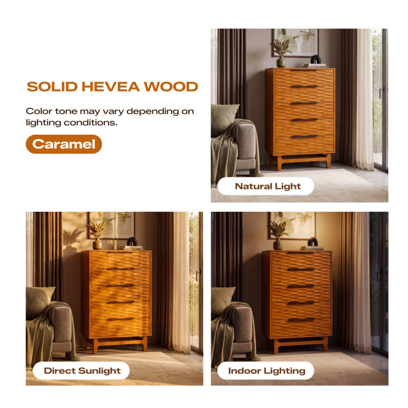 Commode haute 5 tiroirs Elara, Caramel