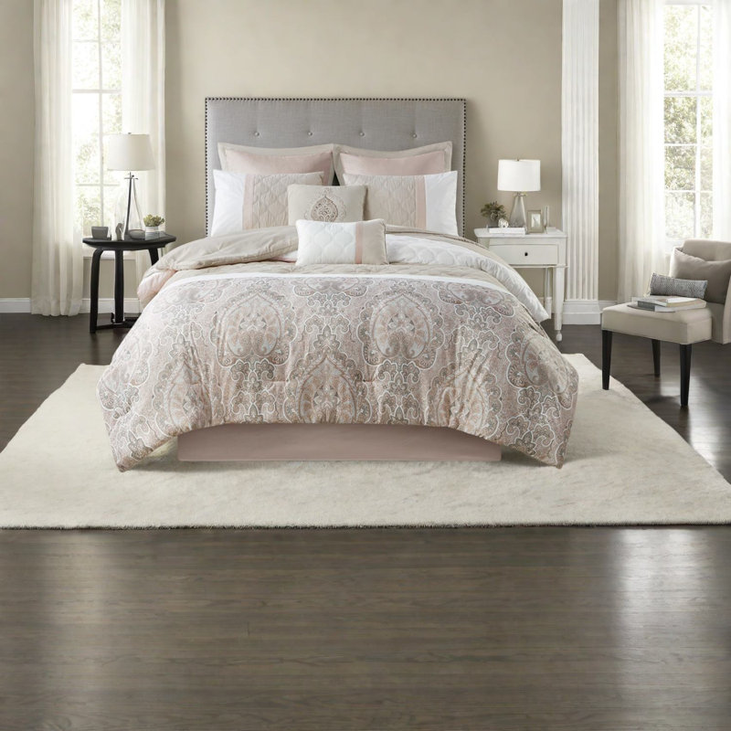 Ensemble de literie pour grand lit de luxe 8 pièces en polyester doux avec motif damassé rosé pour un style de chambre à coucher élégant