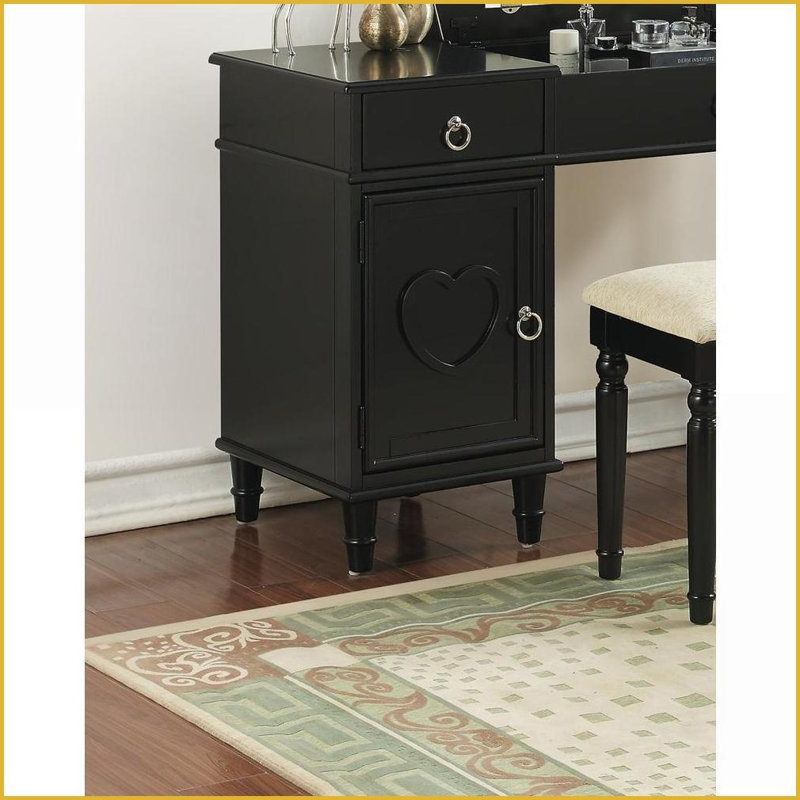 Ensemble de coiffeuse avec tabouret Classic Cherry | Rangement à miroir rabattable | Bois d'hévéa | Siège rembourré