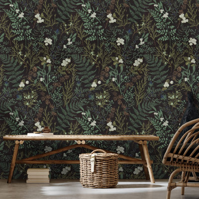 Papier peint auto-adhésif floral vert-noir pour murs, armoires et meubles - 17,7 po x 118 po - facile à installer, amovible et imperméable