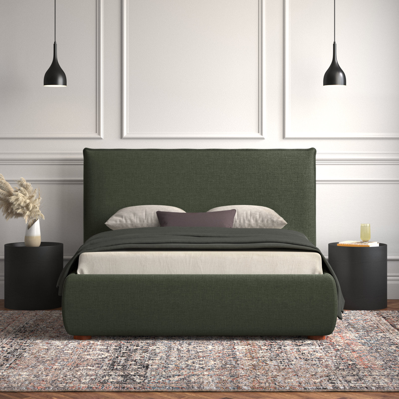 Timothy Upholstered Low Profile Platform Bed, King, Dark Green Basketweave, 54
