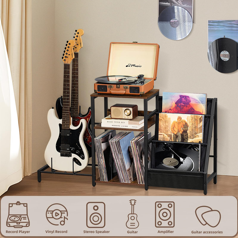 Support pour tourne-disque avec rangement en vinyle et support de guitare réglable, Brun