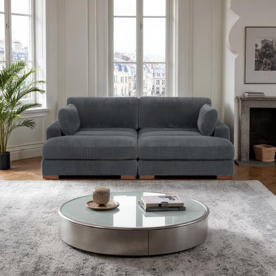Corduroy Upholstered Modular Sofa With Deep Seating And Wooden Block Legs